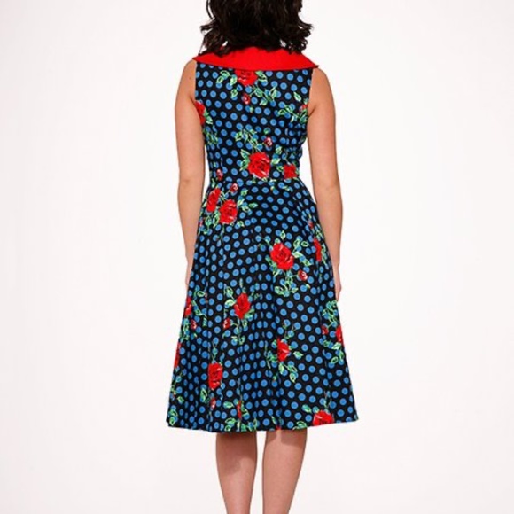 Hearts & Roses London Red & Blue Rose Marie A-Line Dress, - Picture 4 of 5